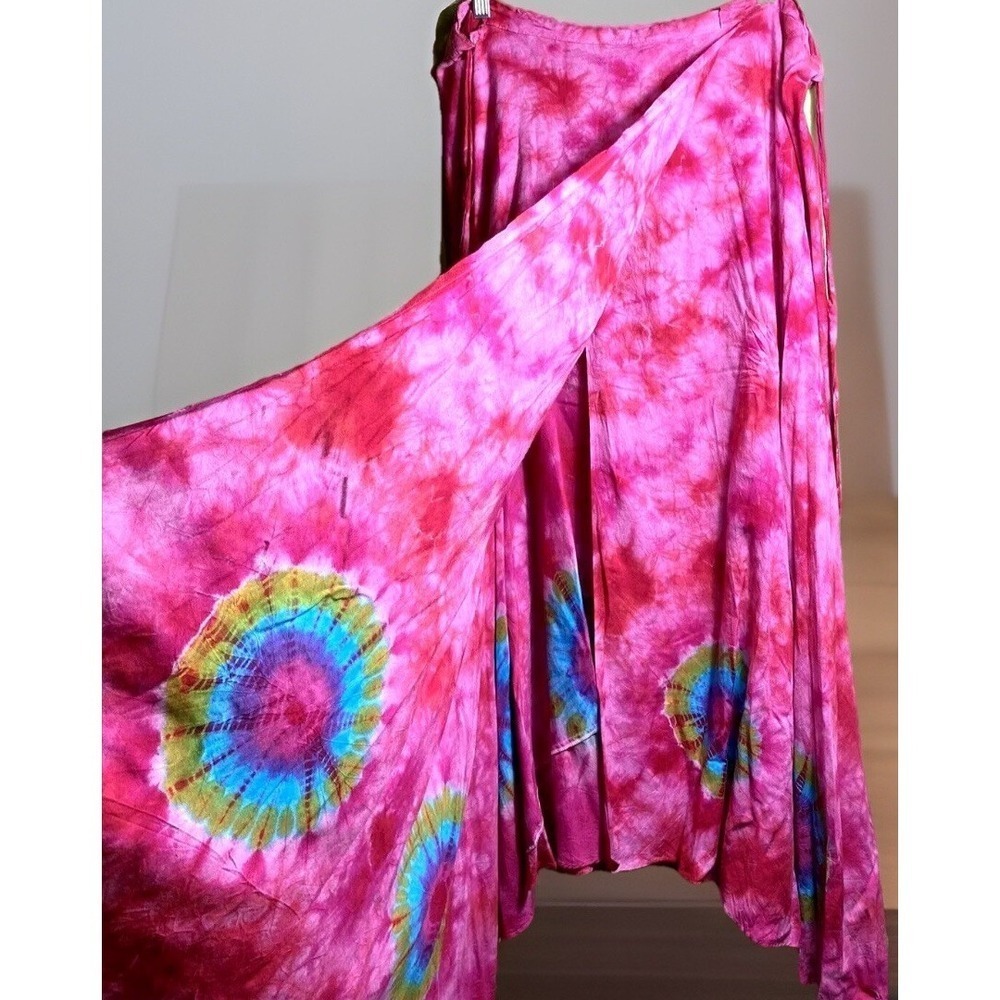 Y2k Boho Tie Dye Wraparound Skirt Large Pink Cotton Whimsical Summer Maxi